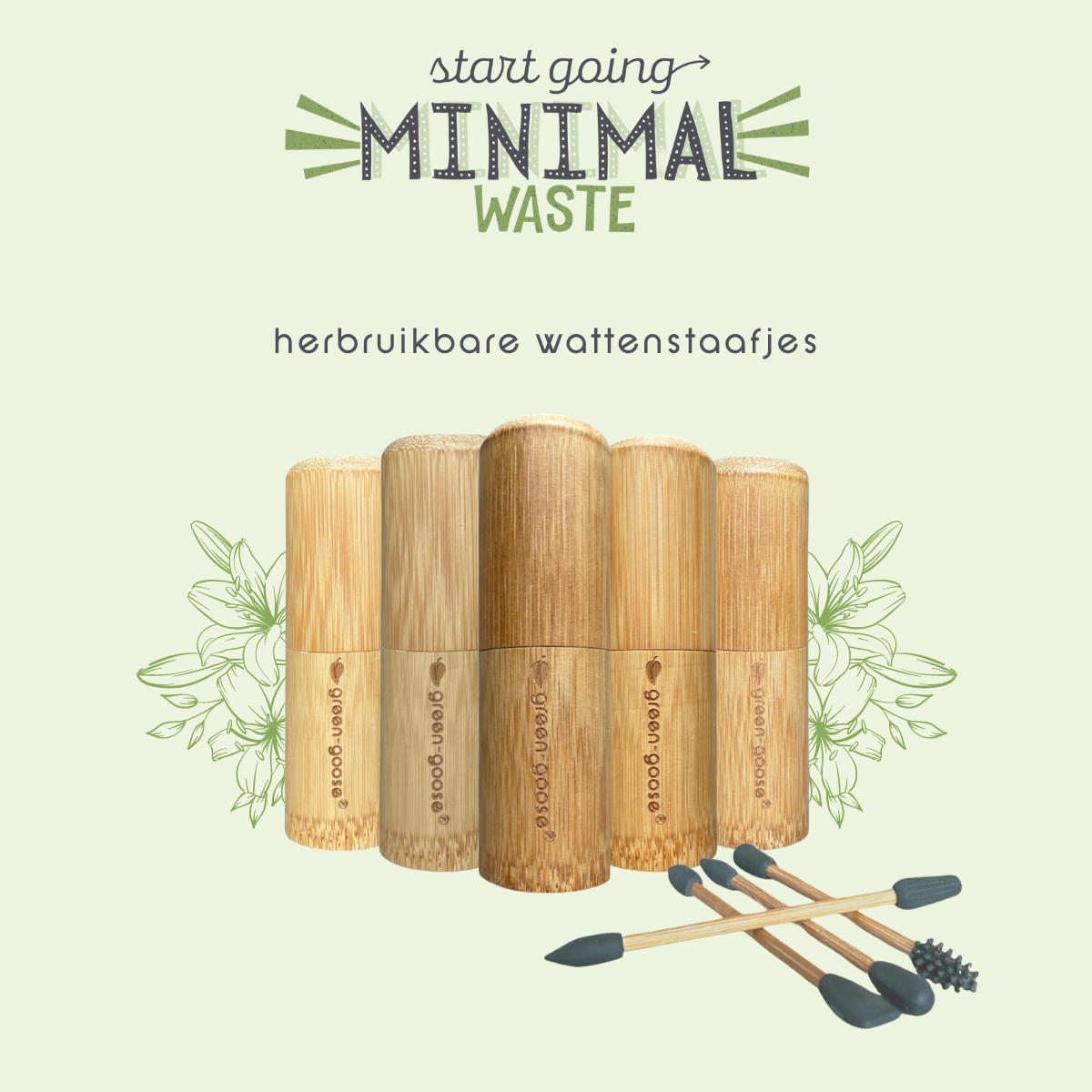 4 Herbruikbare Wattenstaafjes met Bamboe Houder green-goose